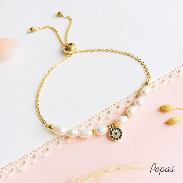 Pulsera de Acero y Perlas con Dije de Ojo Turco