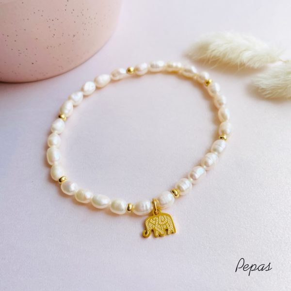 Pulsera de Perlas del Río con Dije de Elefante