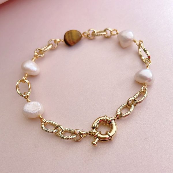 Pulsera de Eslabones, Perlas del Río y Piedra Natural