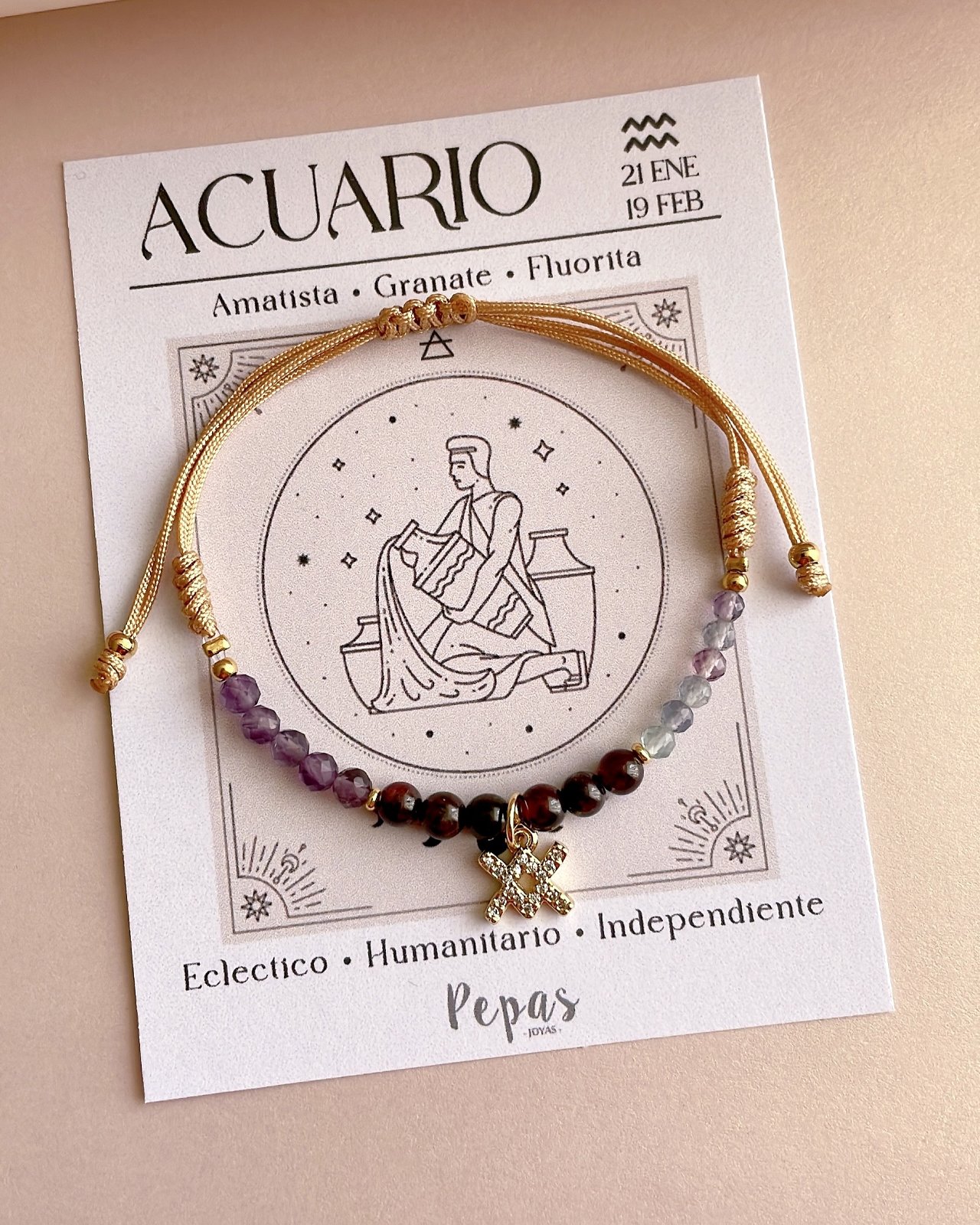 Pulsera de Piedras Naturales con Signo Acuario ♒