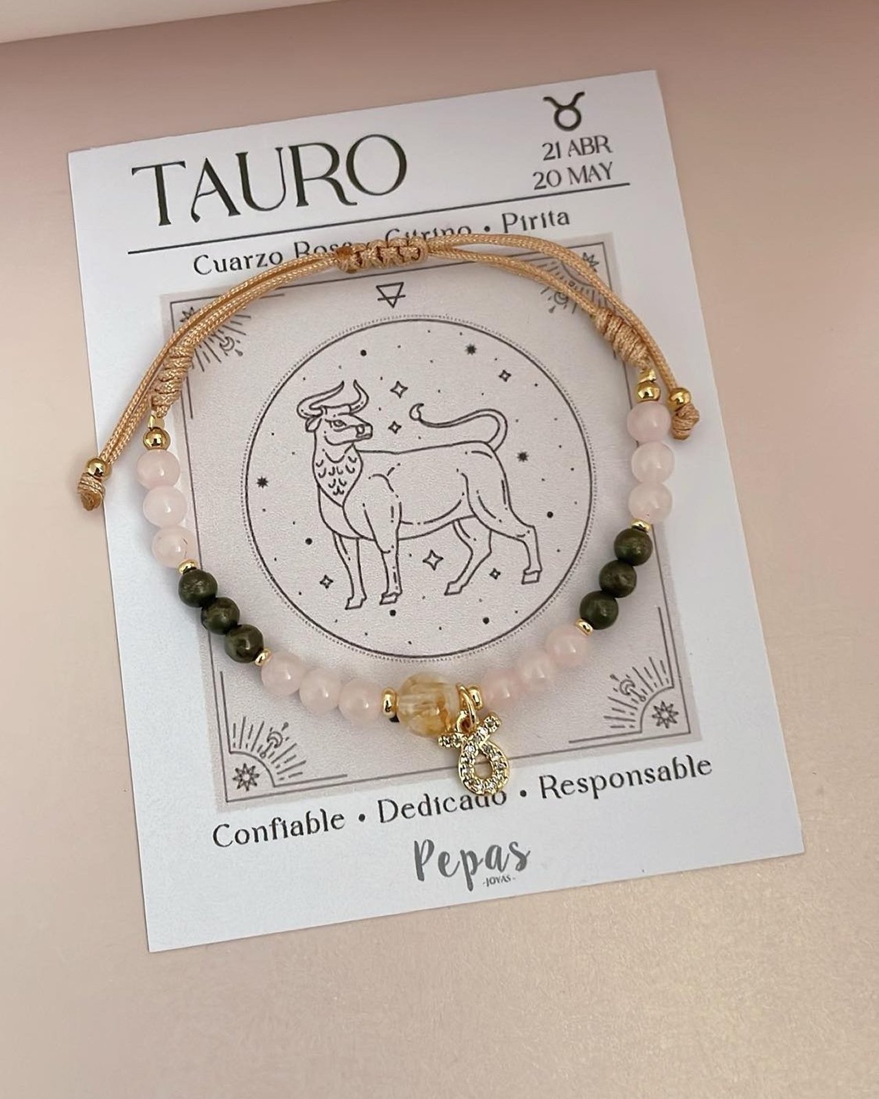 Pulsera de Piedras Naturales con Signo Tauro ♉