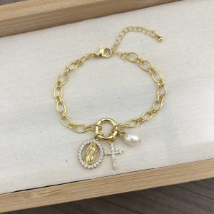 Pulsera de Eslabones con Medalla de Virgen, Cruz y Perla
