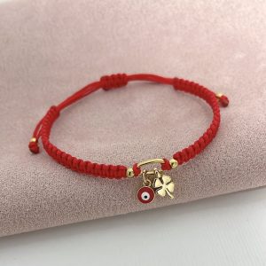 Pulsera Tejida con Dije de Trébol y Ojo Turco